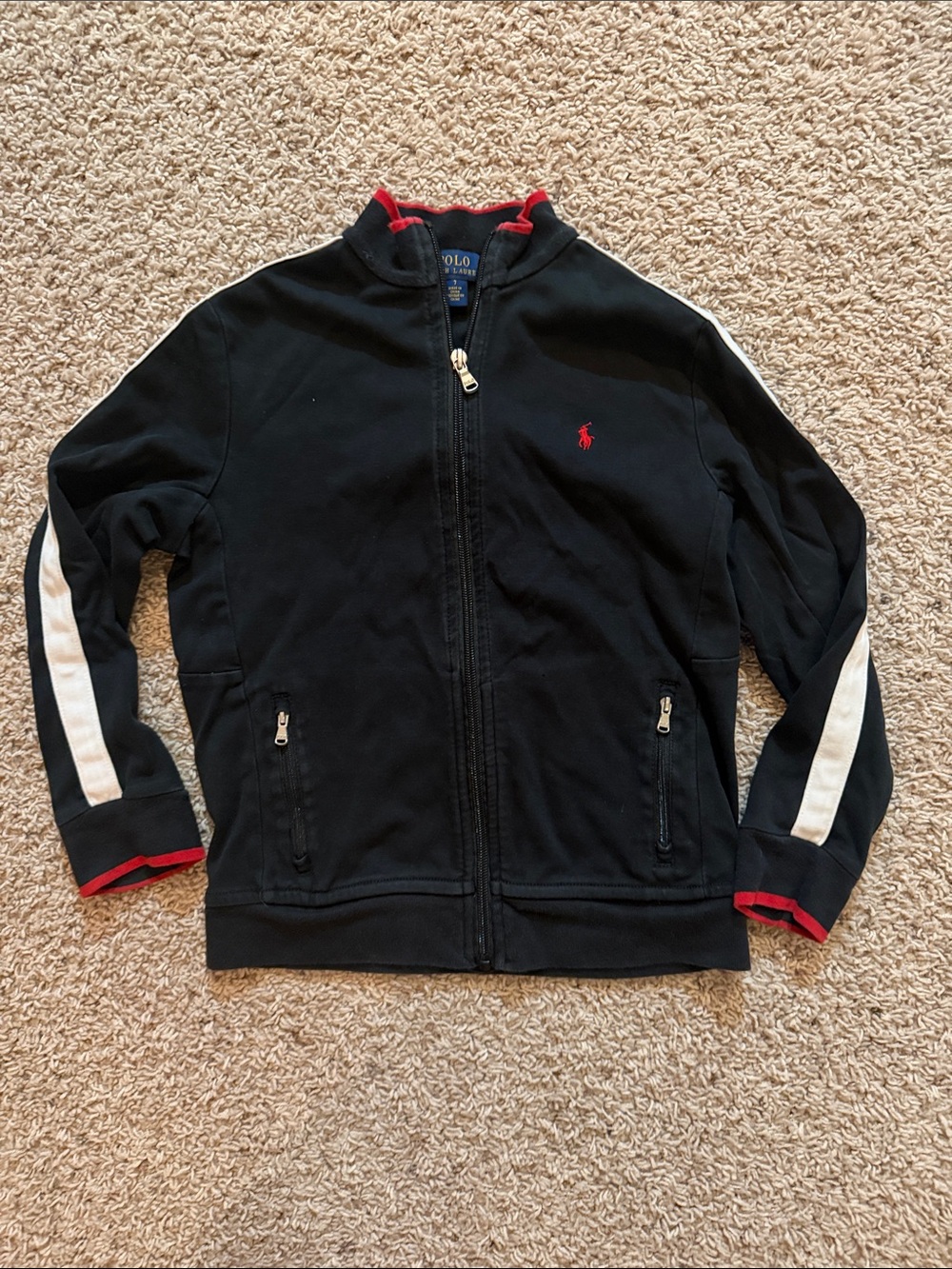 Ralph Lauren Polo Black Zip-Up Jacket with White Stripe & Red Accents